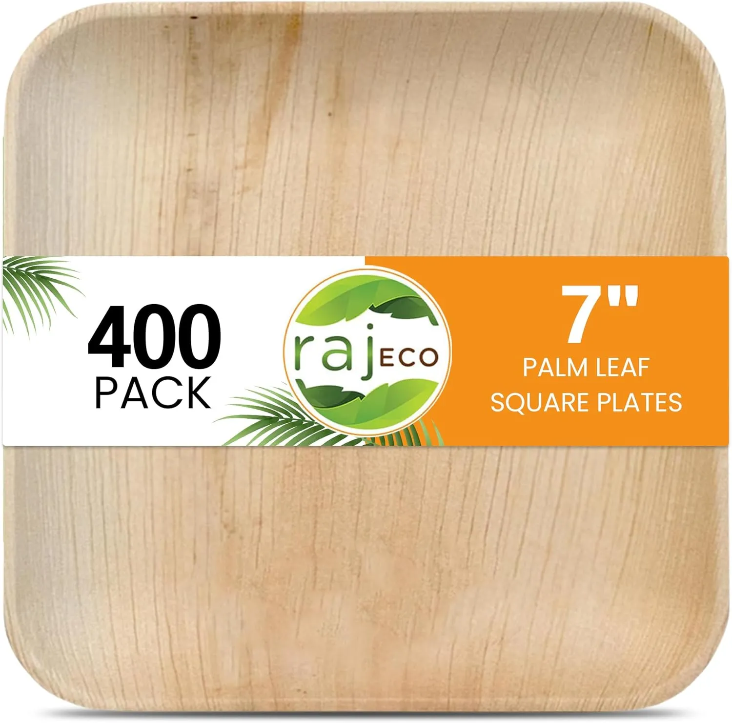 Raj Palm Leaf Plates Bulk [400-Pack] 7" Square Plates like Bamboo plates Disposable, Strong, Decorative Compostable Tableware for wedding, Lunch, Dinner, Birthday, Camping, Outdoor BBQ, Picnic