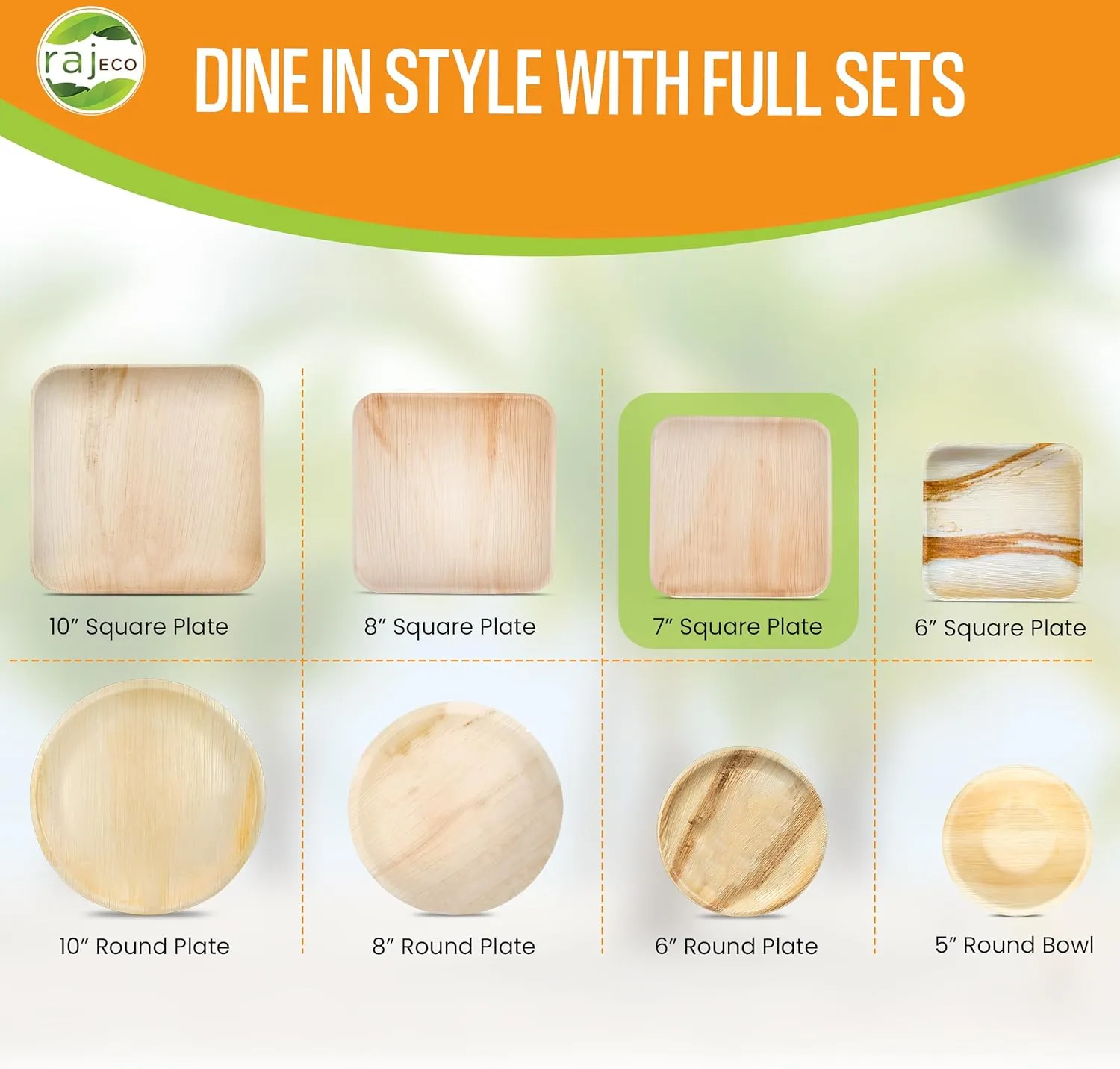Raj Palm Leaf Plates Bulk [400-Pack] 7" Square Plates like Bamboo plates Disposable, Strong, Decorative Compostable Tableware for wedding, Lunch, Dinner, Birthday, Camping, Outdoor BBQ, Picnic