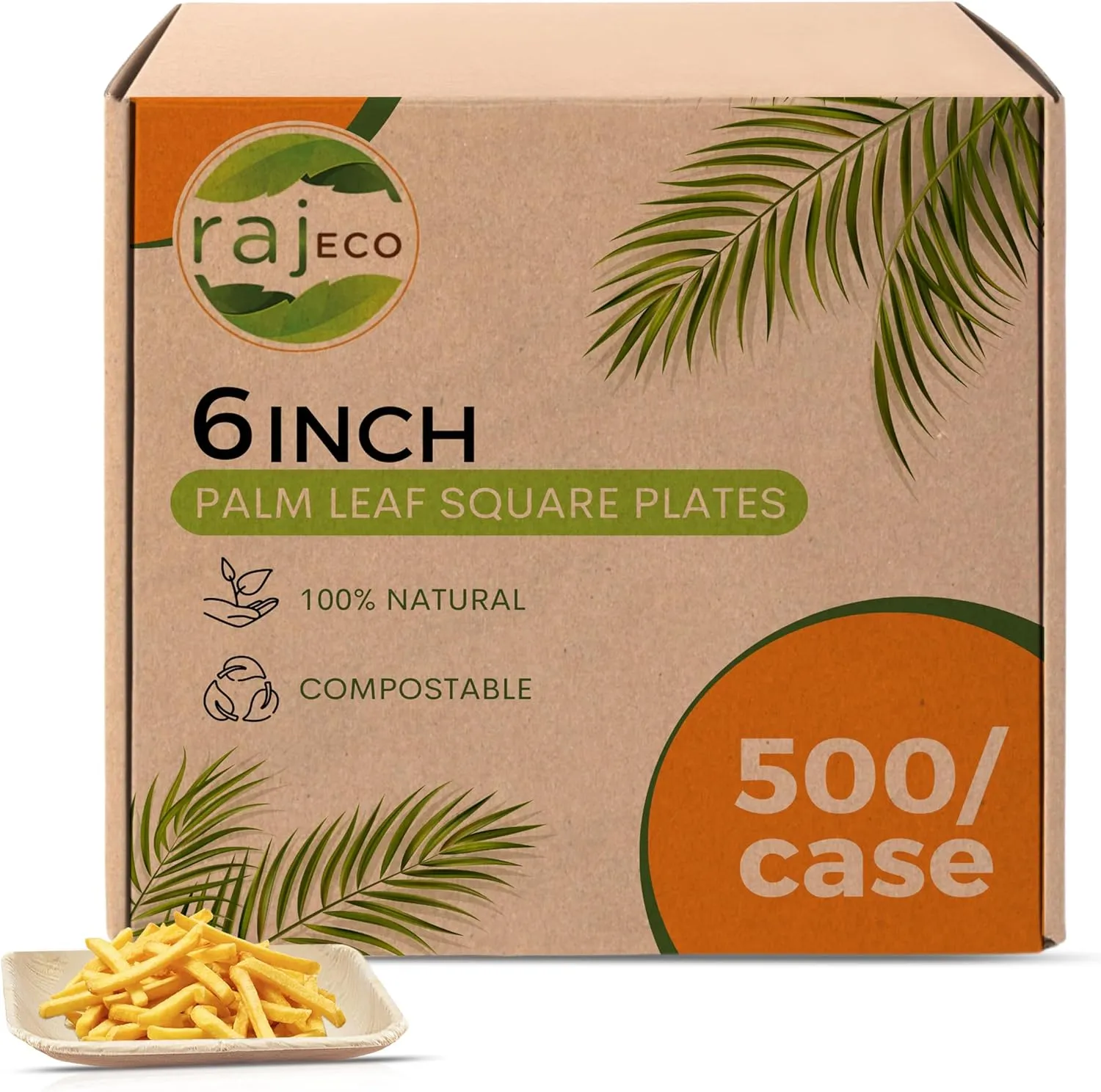 Raj Palm Leaf Plates Bulk [50-Pack] 6" Square Plates(10 CASES - 500 PACK) like Bamboo plates Disposable, Strong, Decorative Compostable Tableware for weddings, Lunch, Dinner, Birthday,Outdoor