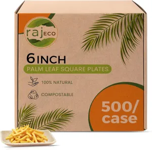 Raj Palm Leaf Plates Bulk [50-Pack] 6" Square Plates(10 CASES - 500 PACK) like Bamboo plates Disposable, Strong, Decorative Compostable Tableware for weddings, Lunch, Dinner, Birthday,Outdoor
