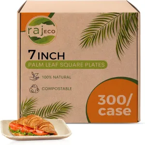 Raj Palm Leaf Plates Bulk [50-Pack] 7" Square Plates(6 CASES - 300 PACK) like Bamboo plates Disposable, Strong, Decorative Compostable Tableware for weddings, Lunch, Dinner, Birthday, Camping