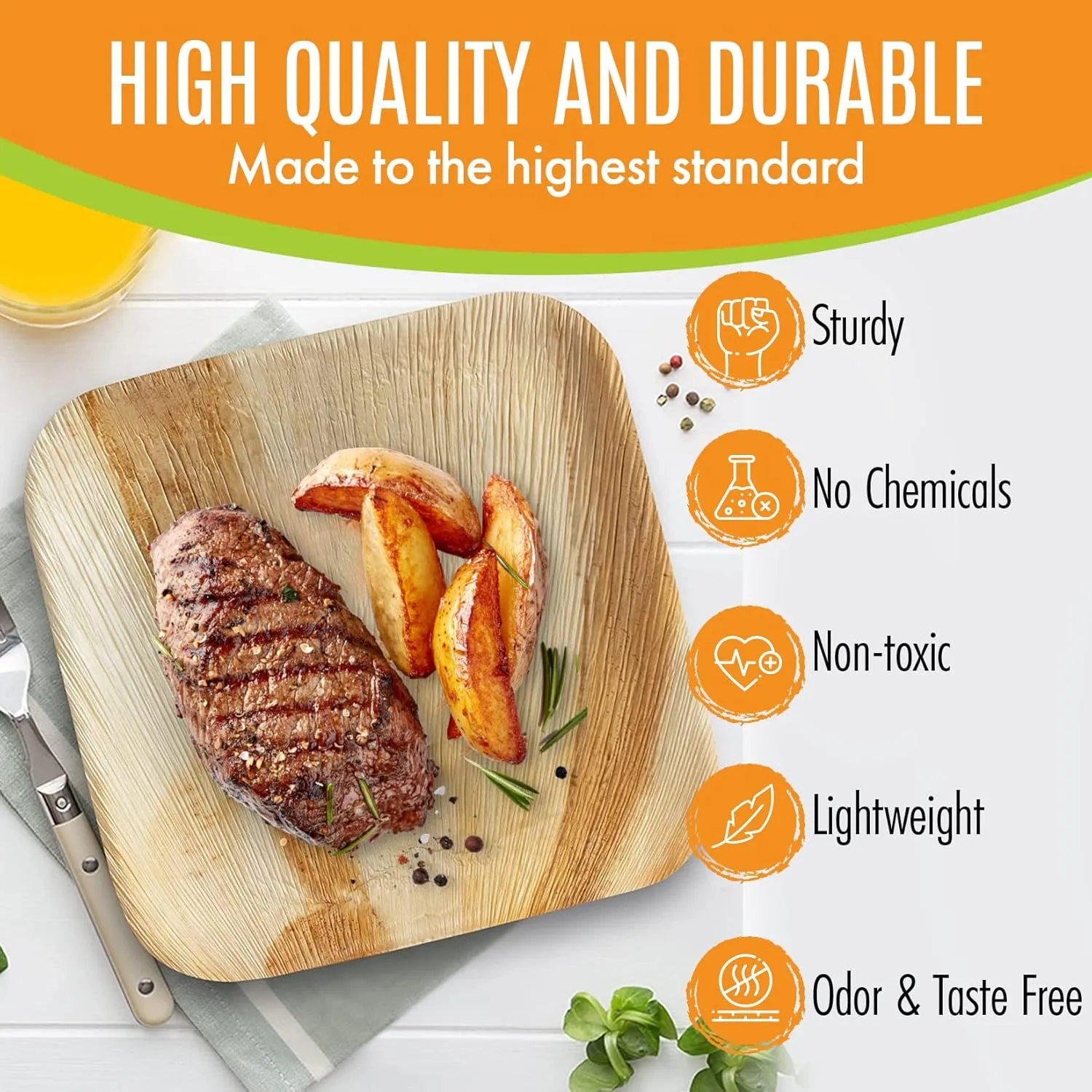 Raj Palm Leaf Plates Bulk [50-Pack] 7" Square Plates(6 CASES - 300 PACK) like Bamboo plates Disposable, Strong, Decorative Compostable Tableware for weddings, Lunch, Dinner, Birthday, Camping