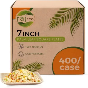 Raj Palm Leaf Plates Bulk [50-Pack] 7" Square Plates(8 CASES - 400 PACK) like Bamboo plates Disposable, Strong, Decorative Compostable Tableware for weddings, Lunch, Dinner, Birthday, Camping