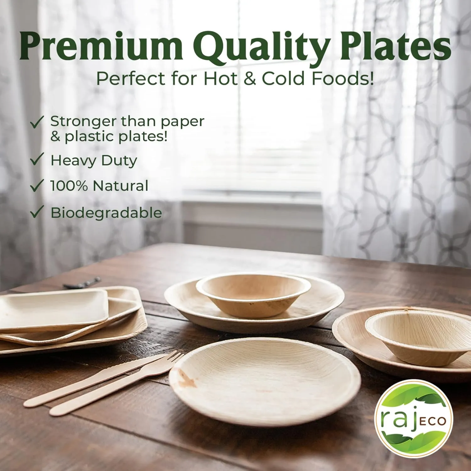 Raj Palm Leaf Plates Plates like Bamboo plates Disposable, Decorative Compostable Tableware for wedding, Lunch, Dinner, Birthday, Camping, Outdoor BBQ, Picnic (9.5"x50 7"x50 (100 Pack))