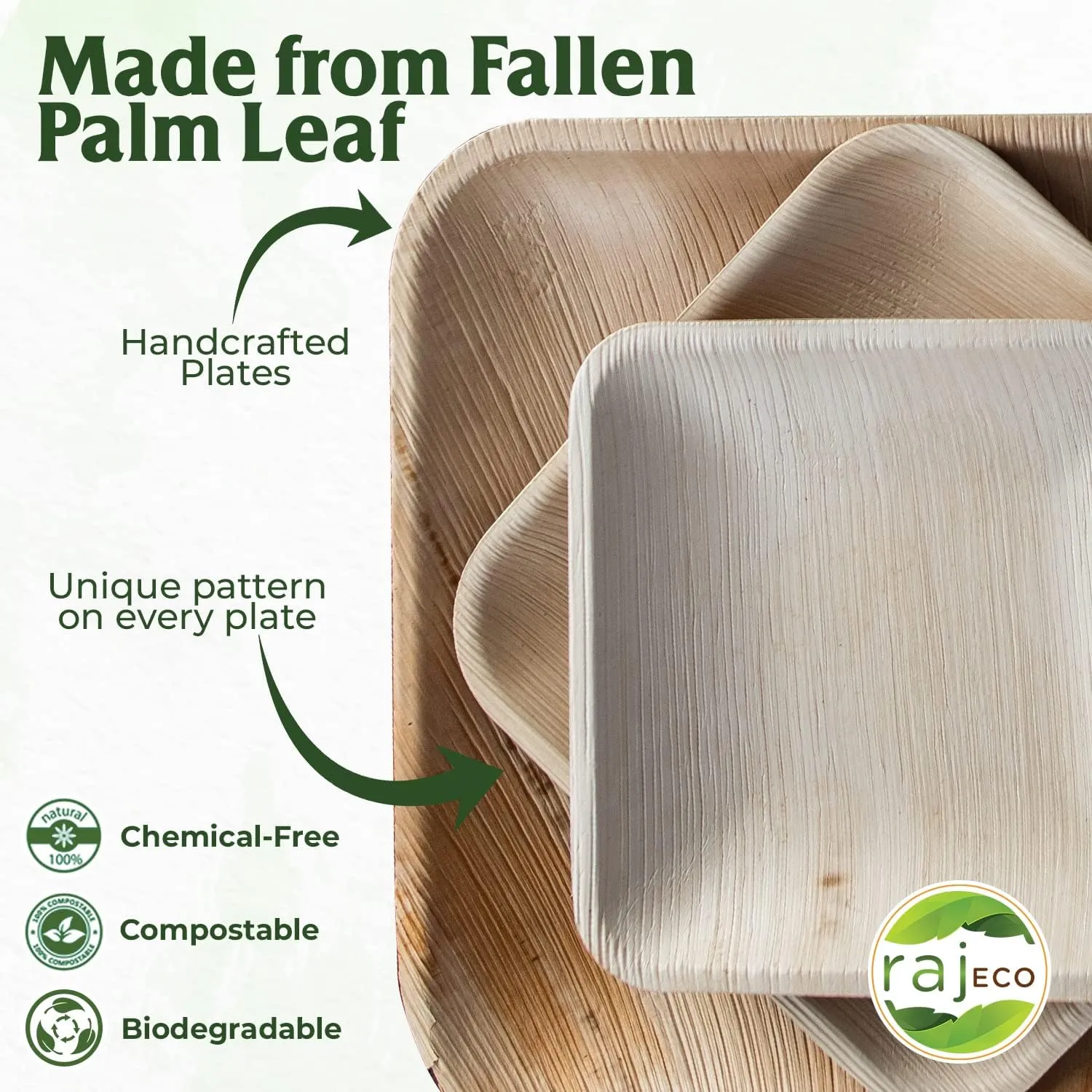 Raj Palm Leaf Plates Plates like Bamboo plates Disposable, Decorative Compostable Tableware for wedding, Lunch, Dinner, Birthday, Camping, Outdoor BBQ, Picnic (9.5"x50 7"x50 (100 Pack))