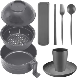 Ramen Cooker Microwavable Set Camping Mess Kit for 1 Person Wheat Straw Dinnerware Sets with 33oz Ramen Bowl,Plates,Cups and Cutlery Box,Dishwasher Set Camping College Dorm Utensils(Grey)