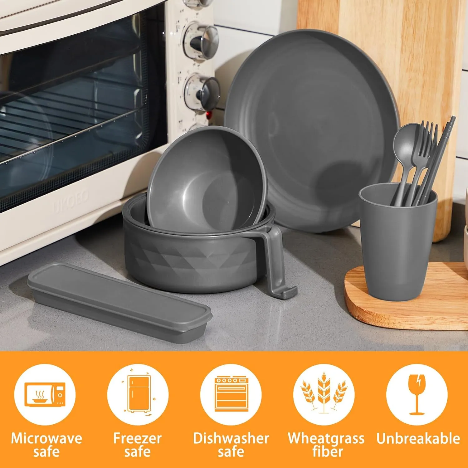 Ramen Cooker Microwavable Set Camping Mess Kit for 1 Person Wheat Straw Dinnerware Sets with 33oz Ramen Bowl,Plates,Cups and Cutlery Box,Dishwasher Set Camping College Dorm Utensils(Grey)