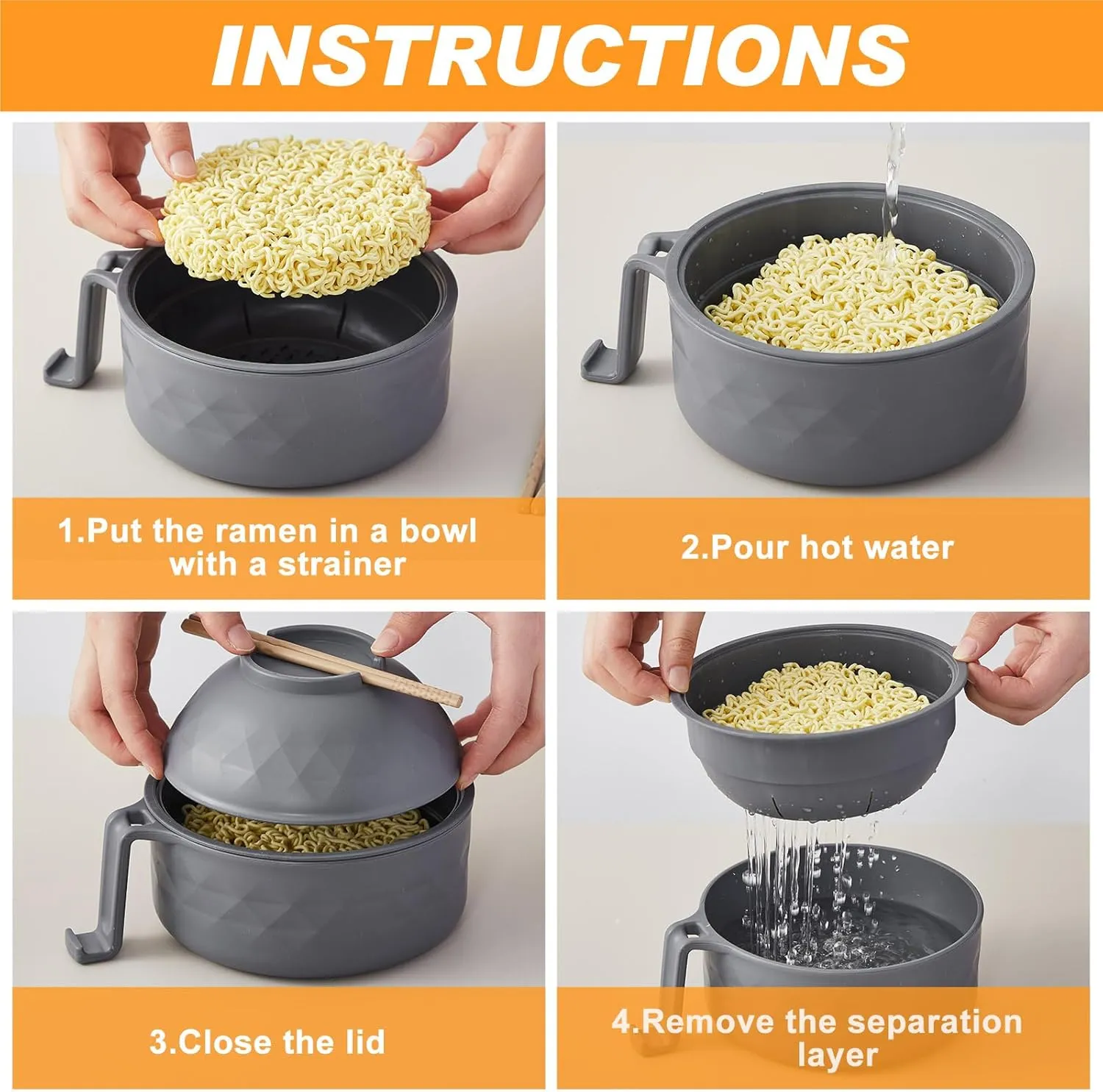 Ramen Cooker Microwavable Set Camping Mess Kit for 1 Person Wheat Straw Dinnerware Sets with 33oz Ramen Bowl,Plates,Cups and Cutlery Box,Dishwasher Set Camping College Dorm Utensils(Grey)