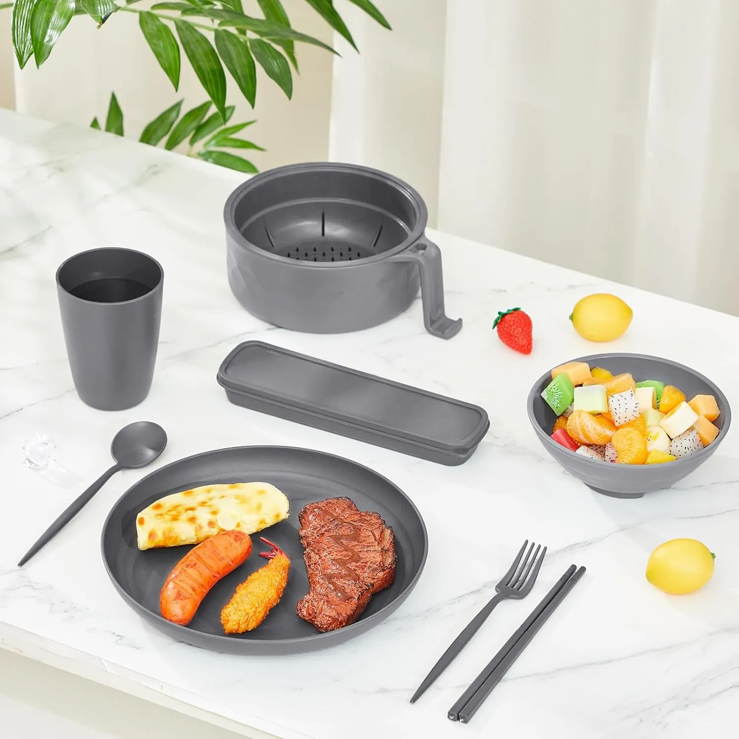Ramen Cooker Microwavable Set Camping Mess Kit for 1 Person Wheat Straw Dinnerware Sets with 33oz Ramen Bowl,Plates,Cups and Cutlery Box,Dishwasher Set Camping College Dorm Utensils(Grey)
