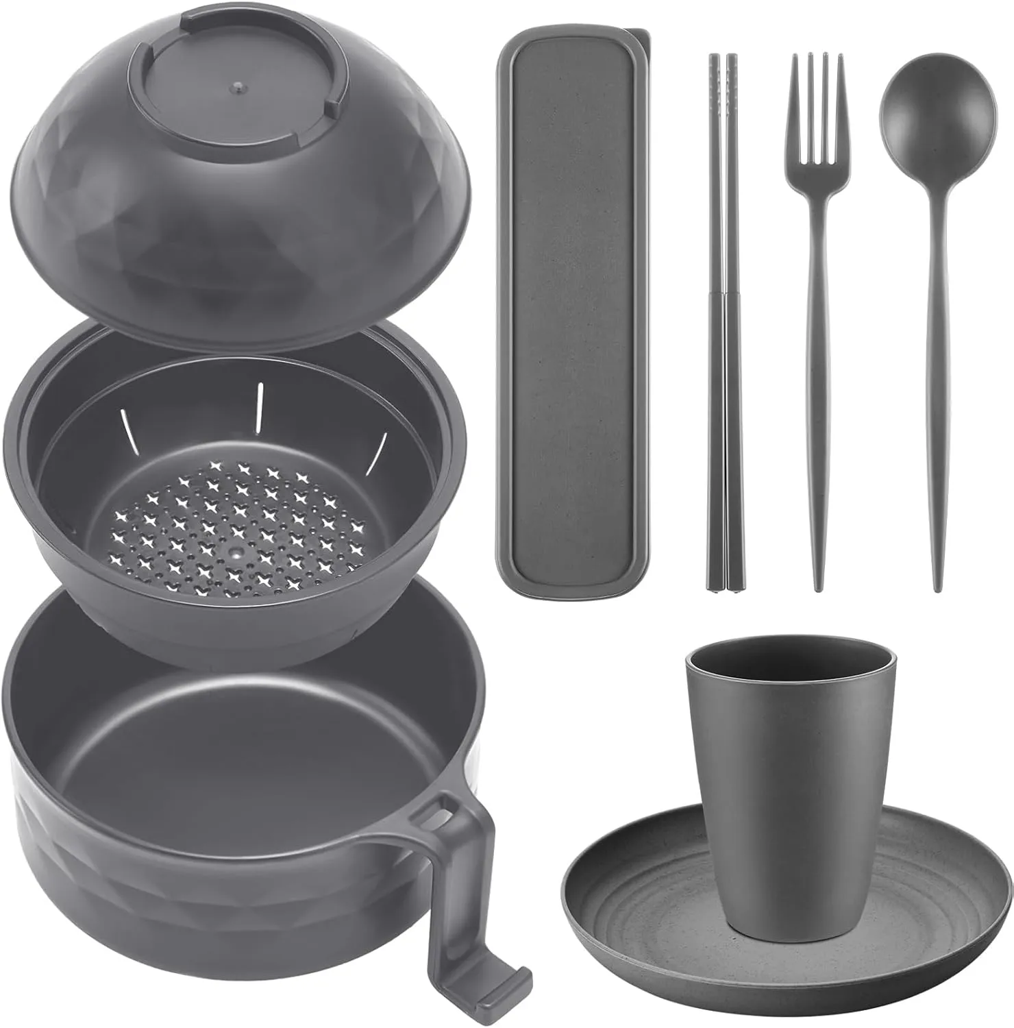 Ramen Cooker Microwavable Set Camping Mess Kit for 1 Person Wheat Straw Dinnerware Sets with 33oz Ramen Bowl,Plates,Cups and Cutlery Box,Dishwasher Set Camping College Dorm Utensils(Grey)