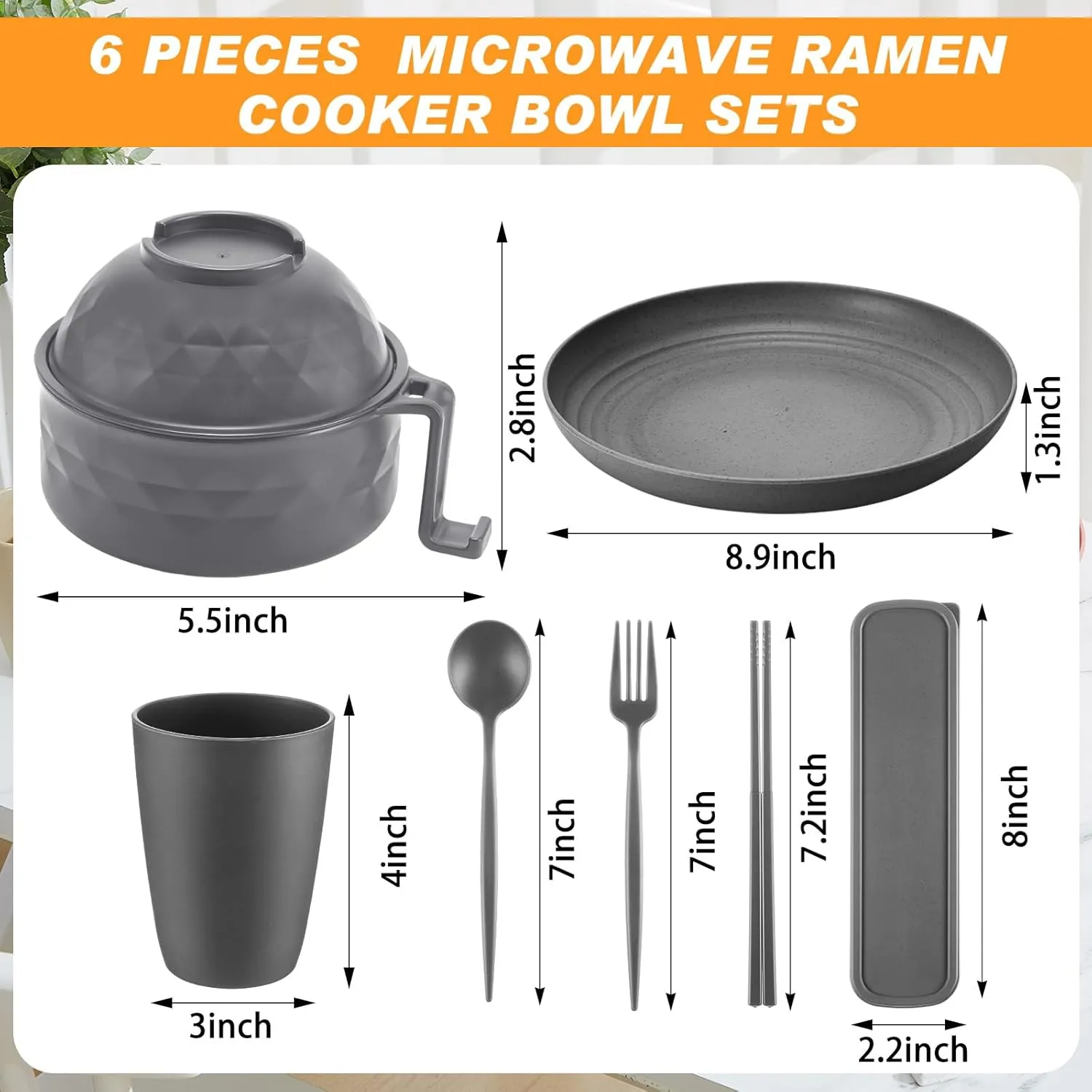 Ramen Cooker Microwavable Set Camping Mess Kit for 1 Person Wheat Straw Dinnerware Sets with 33oz Ramen Bowl,Plates,Cups and Cutlery Box,Dishwasher Set Camping College Dorm Utensils(Grey)