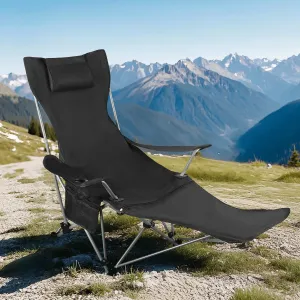 Reclining Camping Chair with Footrest,Folding Lounge Chair with Removable Footrest, Headrest & Storage Bag,Portable Adjustable Folding Chairs for Outdoor (Black)