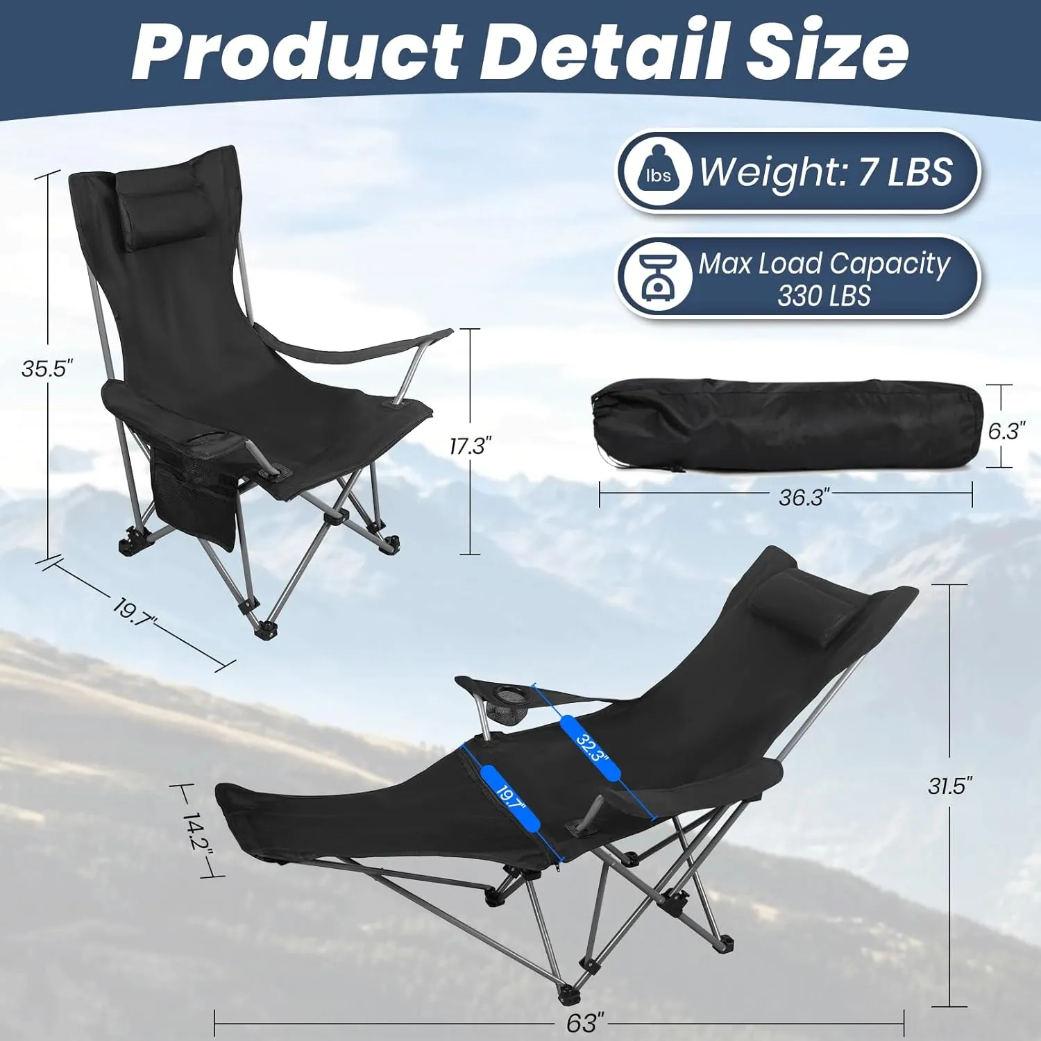 Reclining Camping Chair with Footrest,Folding Lounge Chair with Removable Footrest, Headrest & Storage Bag,Portable Adjustable Folding Chairs for Outdoor (Black)