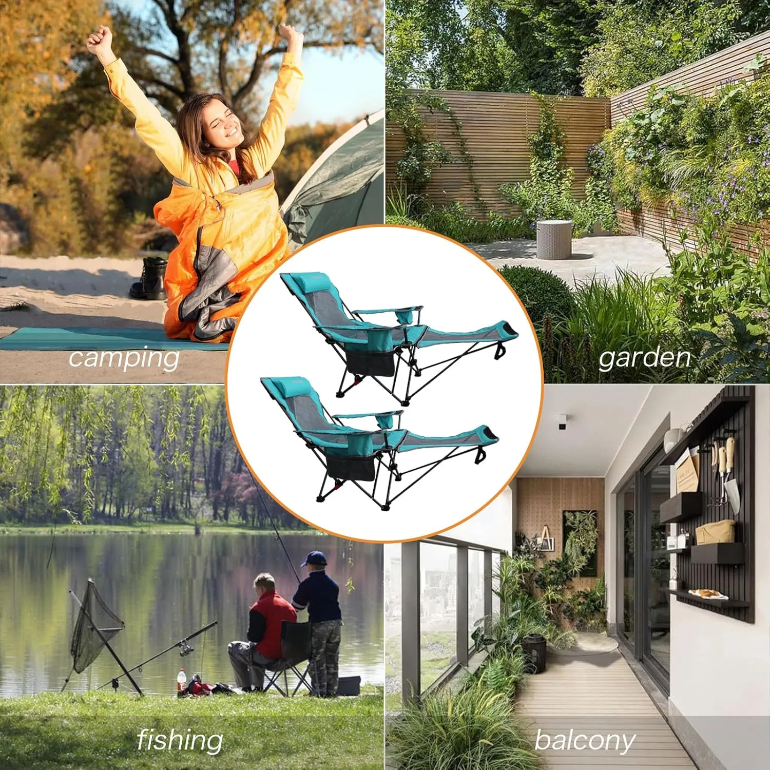 Reclining Camping Chair with Removable Footrest Lounge Chair with Headrest, Cotton Cushion, Portable Adjustable Folding Chairs