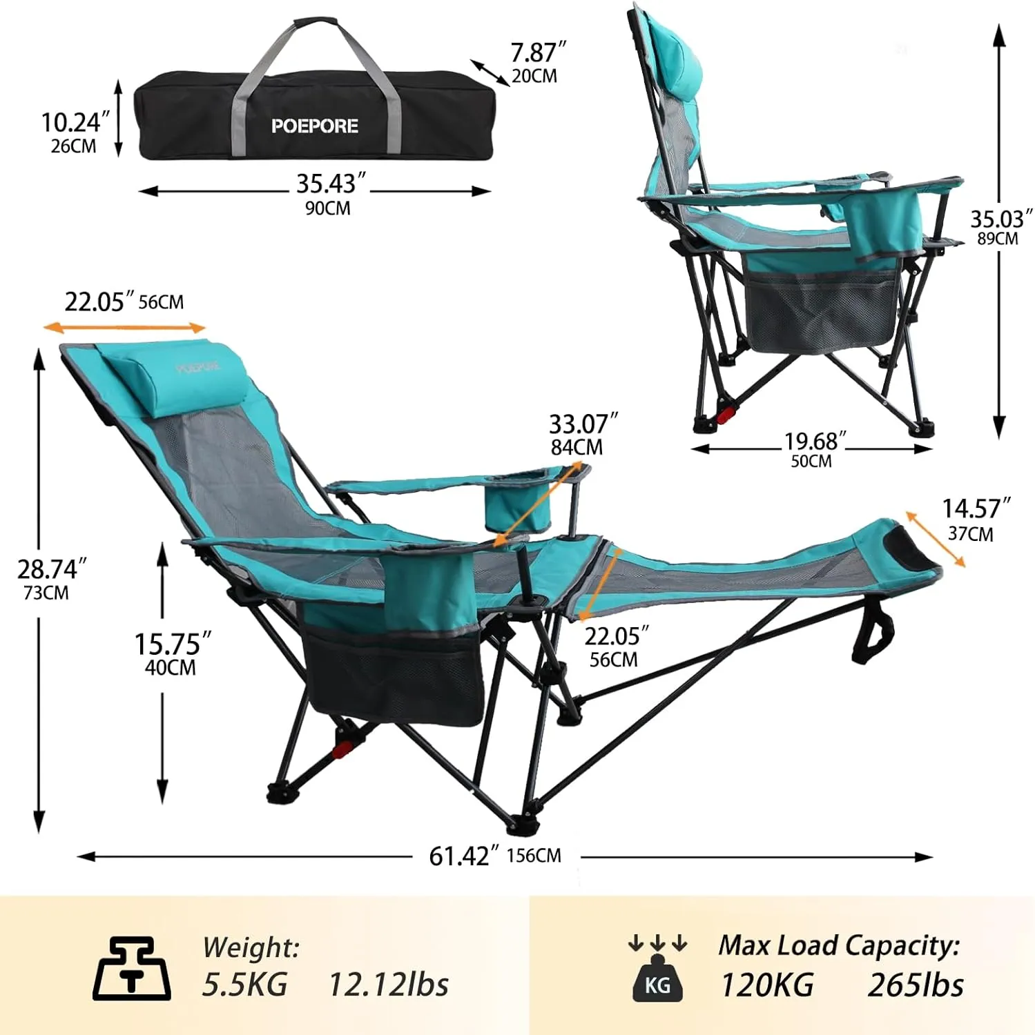 Reclining Camping Chair with Removable Footrest Lounge Chair with Headrest, Cotton Cushion, Portable Adjustable Folding Chairs