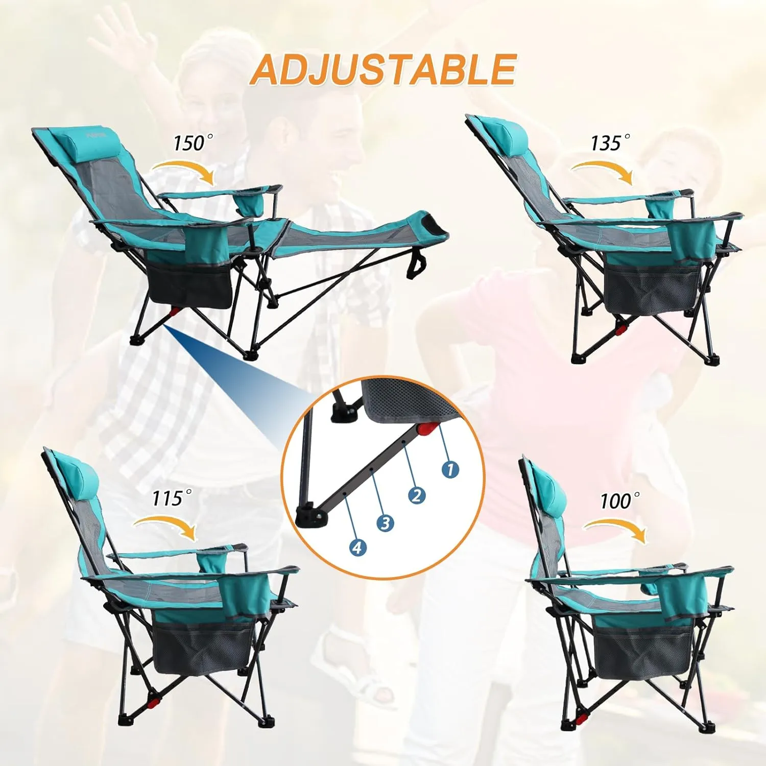 Reclining Camping Chair with Removable Footrest Lounge Chair with Headrest, Cotton Cushion, Portable Adjustable Folding Chairs