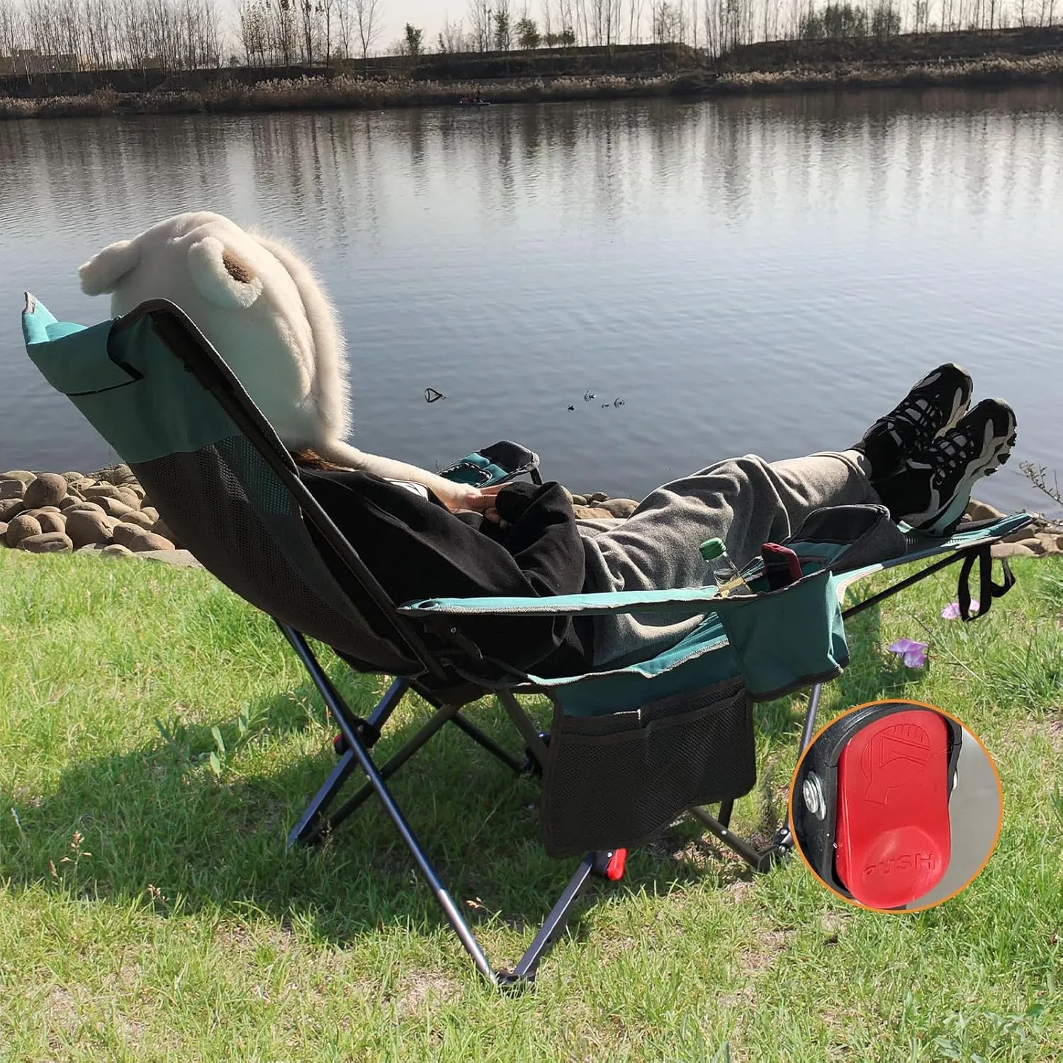 Reclining Camping Chair with Removable Footrest Lounge Chair with Headrest, Cotton Cushion, Portable Adjustable Folding Chairs