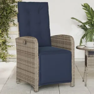 Reclining Patio Chair with Adjustable Footrest Gray Poly Rattan Outdoor Lounge Chair Water-Resistant Steel Frame Thick Cushions for Poolside Backyard Camping Beach