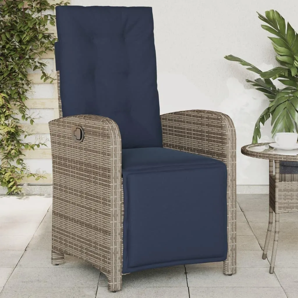 Reclining Patio Chair with Adjustable Footrest Gray Poly Rattan Outdoor Lounge Chair Water-Resistant Steel Frame Thick Cushions for Poolside Backyard Camping Beach