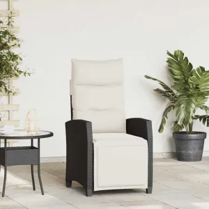 Reclining Patio Chair with Side Table Black PE Rattan Outdoor Lounge Chair Adjustable Backrest Footrest Cushioned Chaise Lounge for Pool, Beach, Backyard