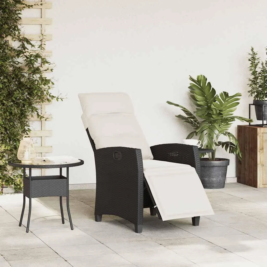 Reclining Patio Chair with Side Table Black PE Rattan Outdoor Lounge Chair Adjustable Backrest Footrest Cushioned Chaise Lounge for Pool, Beach, Backyard
