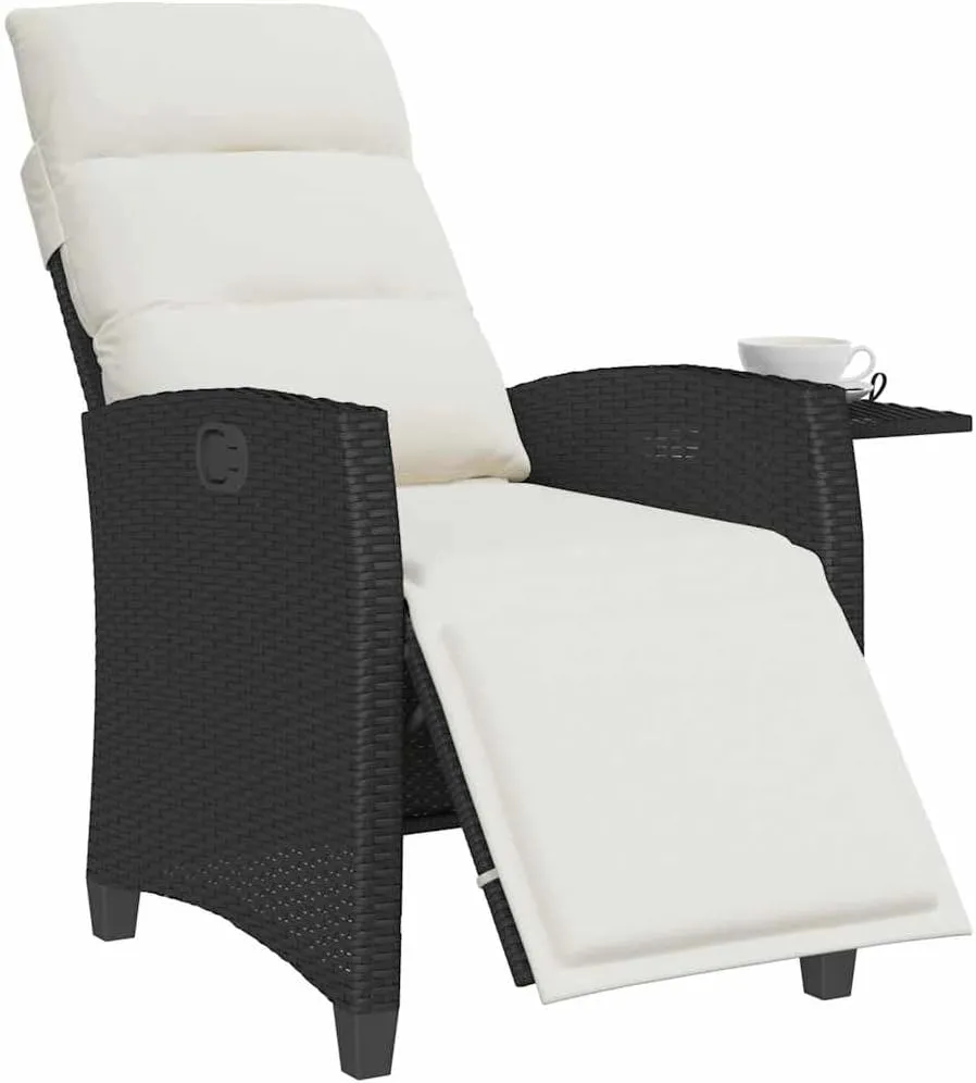Reclining Patio Chair with Side Table Black PE Rattan Outdoor Lounge Chair Adjustable Backrest Footrest Cushioned Chaise Lounge for Pool, Beach, Backyard