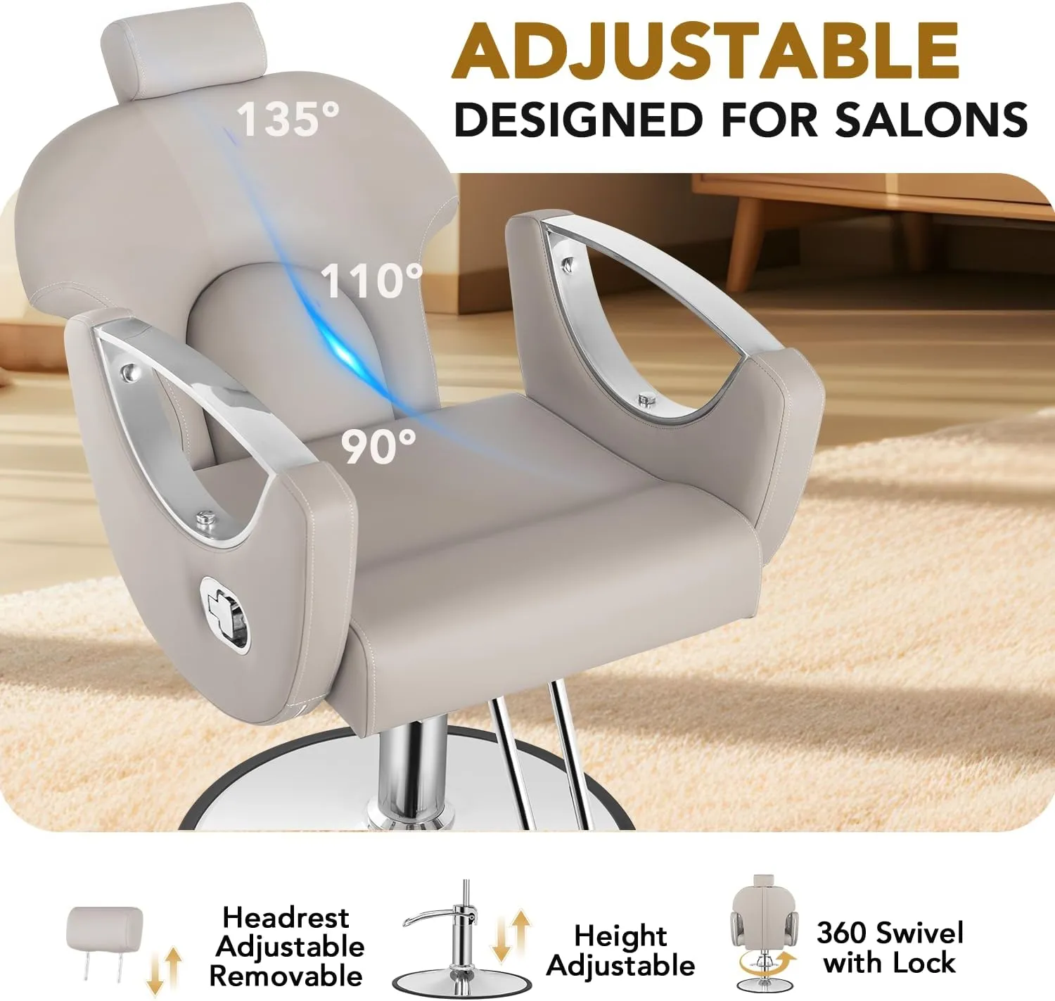 Reclining Salon Chair for Hair Stylist, Barber Chair with Heavy Duty Hydraulic Pump, Hair Salon Tattoo Braiding Chair Beauty Spa Equipment, Silver Taupe