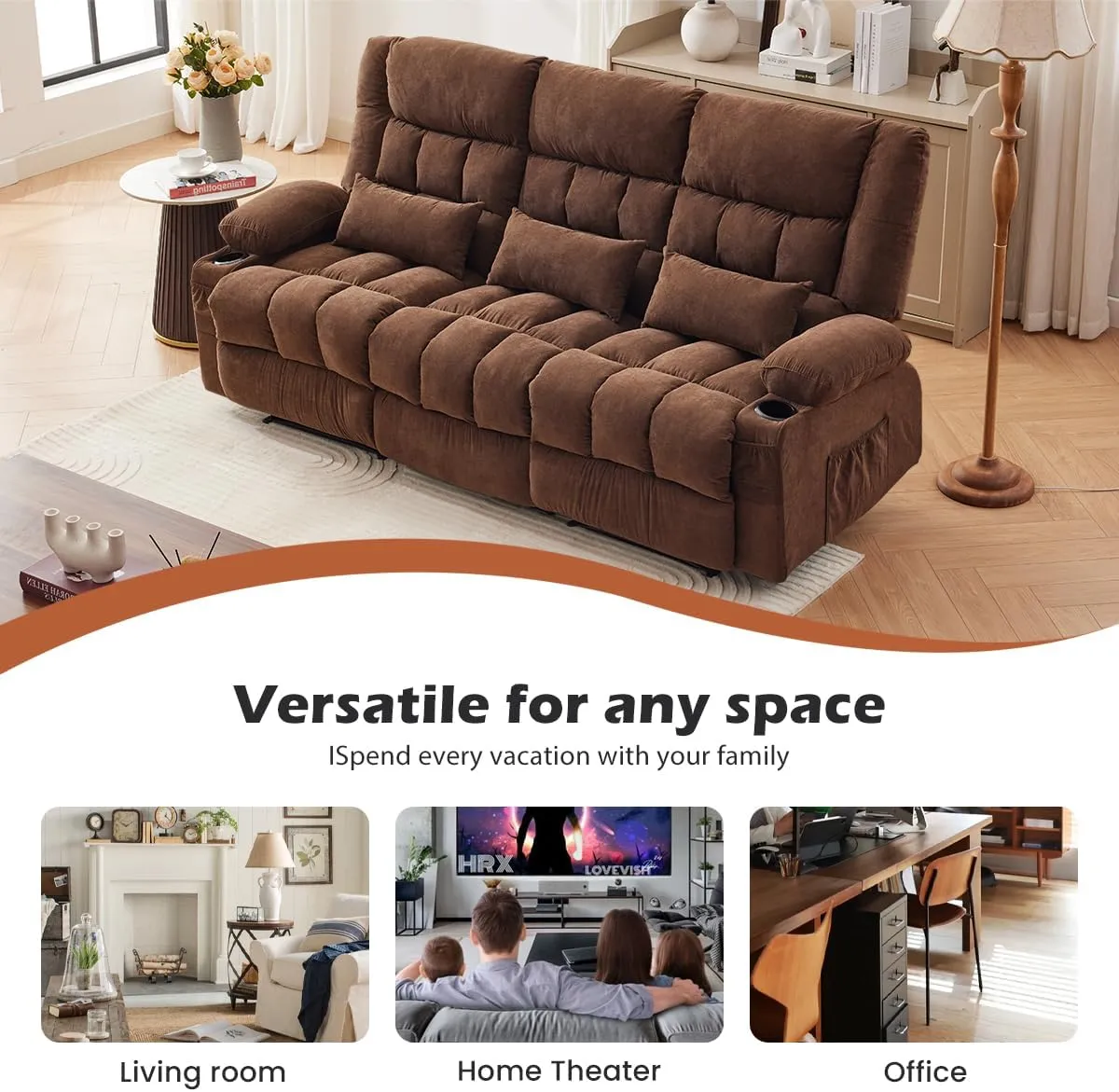 Reclining Sofa with Cup Holders for Living Room 3 Seat Manual Sofa Recliner with Side Pocket