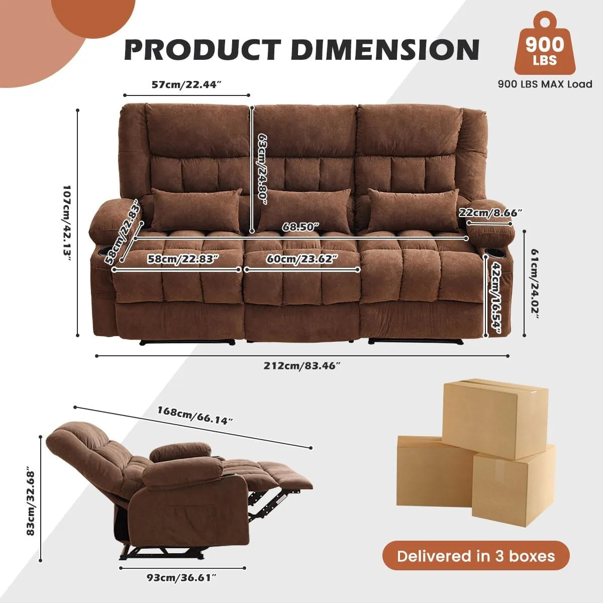 Reclining Sofa with Cup Holders for Living Room 3 Seat Manual Sofa Recliner with Side Pocket