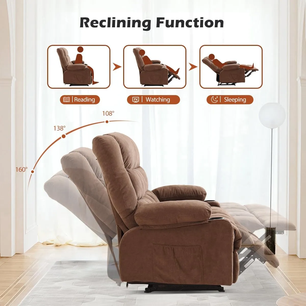 Reclining Sofa with Cup Holders for Living Room 3 Seat Manual Sofa Recliner with Side Pocket