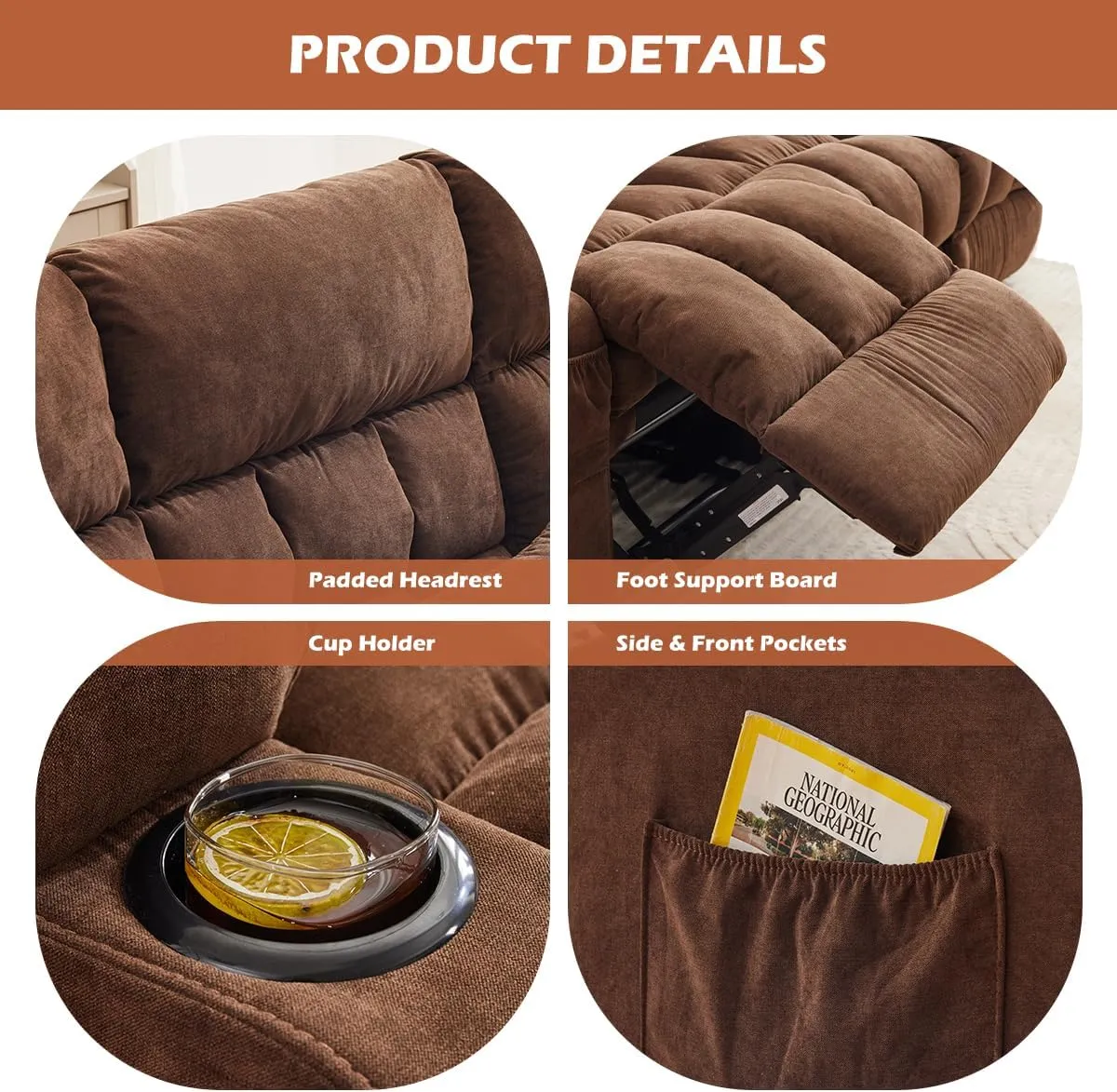 Reclining Sofa with Cup Holders for Living Room 3 Seat Manual Sofa Recliner with Side Pocket
