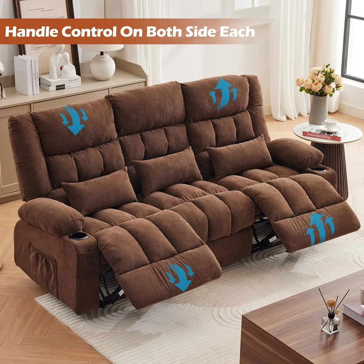 Reclining Sofa with Cup Holders for Living Room 3 Seat Manual Sofa Recliner with Side Pocket