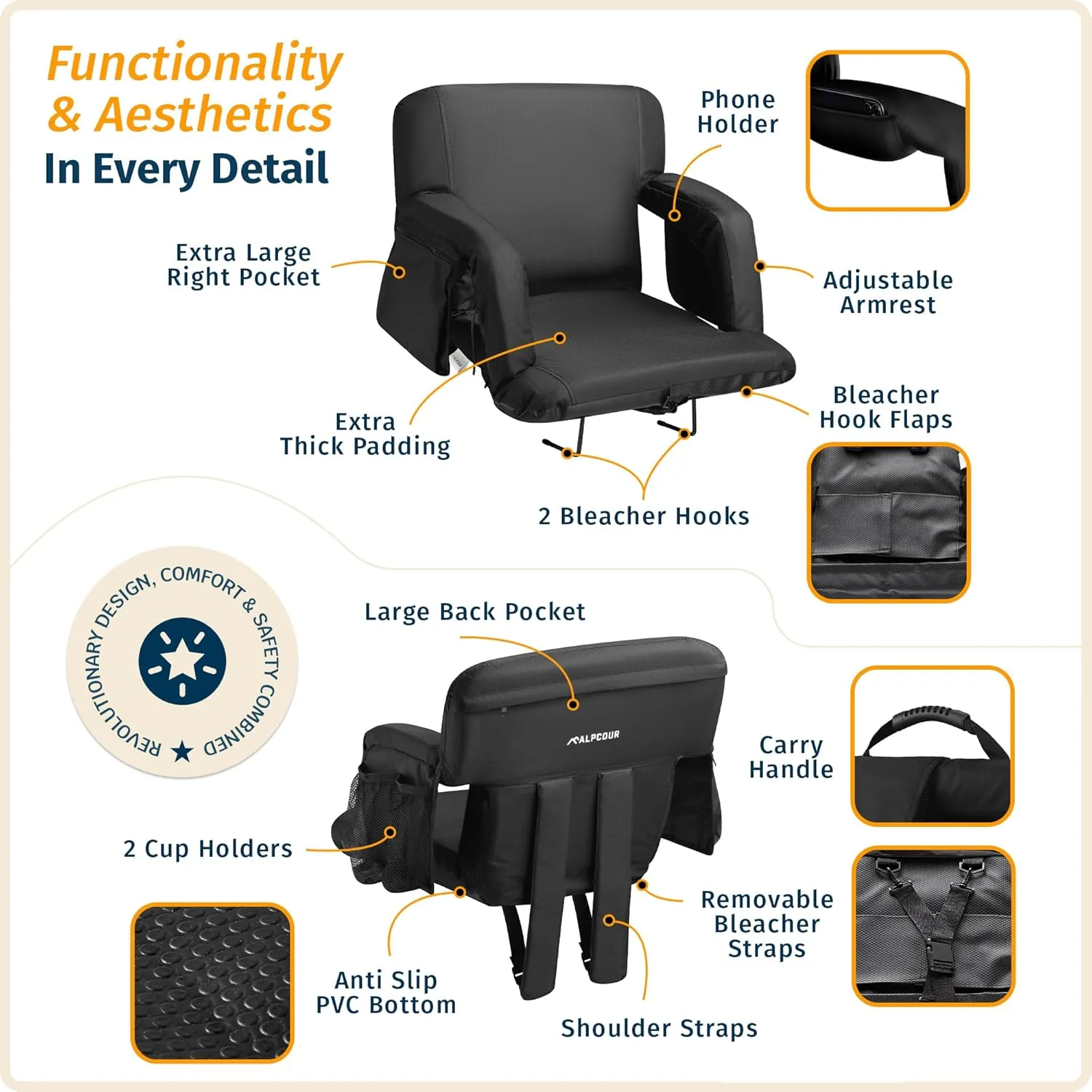 Reclining Stadium Seats for Bleachers with Back Support – Wide Bleacher Chair Cushion, Armrests, Large Pockets, and Multiple Safety Features – Best Stadium Seat Chairs for Camping, Kayak Backs & More