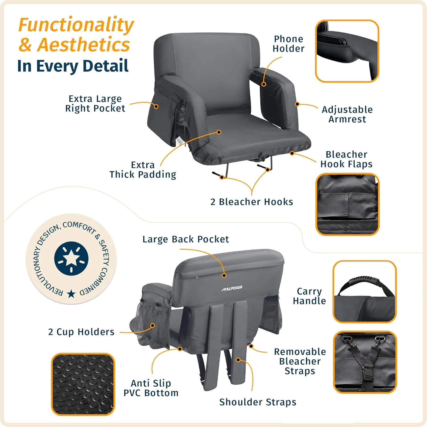Reclining Stadium Seats for Bleachers with Back Support – Wide Bleacher Chair Cushion, Armrests, Large Pockets, and Multiple Safety Features – Best Stadium Seat Chairs for Camping, Kayak Backs & More
