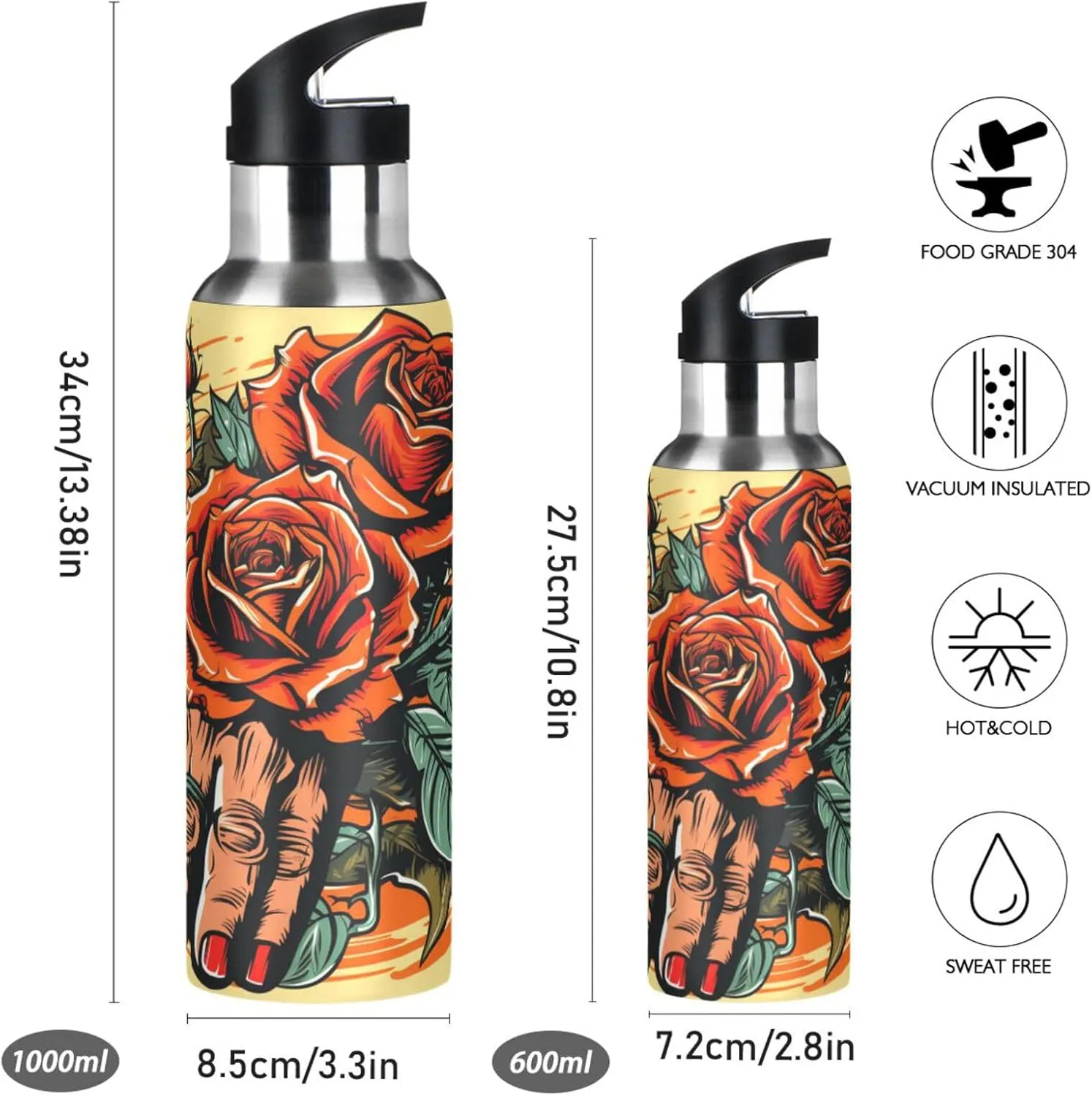 Red Rose Hand Yellow Art Sport Water Bottle Insulated Stainless Steel Large Vacuum Flask Leak Proof Thermos with Straw for Travel(600ml/1000ml)
