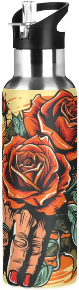 Red Rose Hand Yellow Art Sport Water Bottle Insulated Stainless Steel Large Vacuum Flask Leak Proof Thermos with Straw for Travel(600ml/1000ml)
