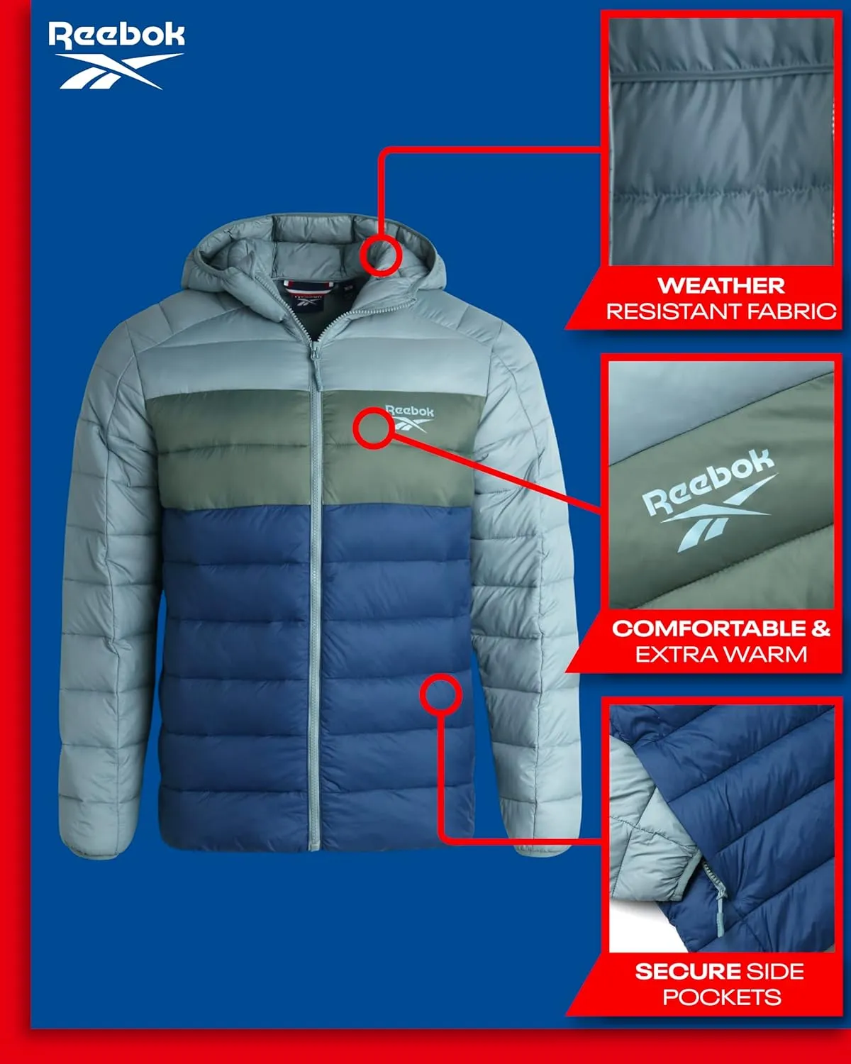 Reebok Mens Jacket - Lightweight Hooded Quilted Puffer Coat - Warm Insulated Winter Jacket for Men (S-4X)