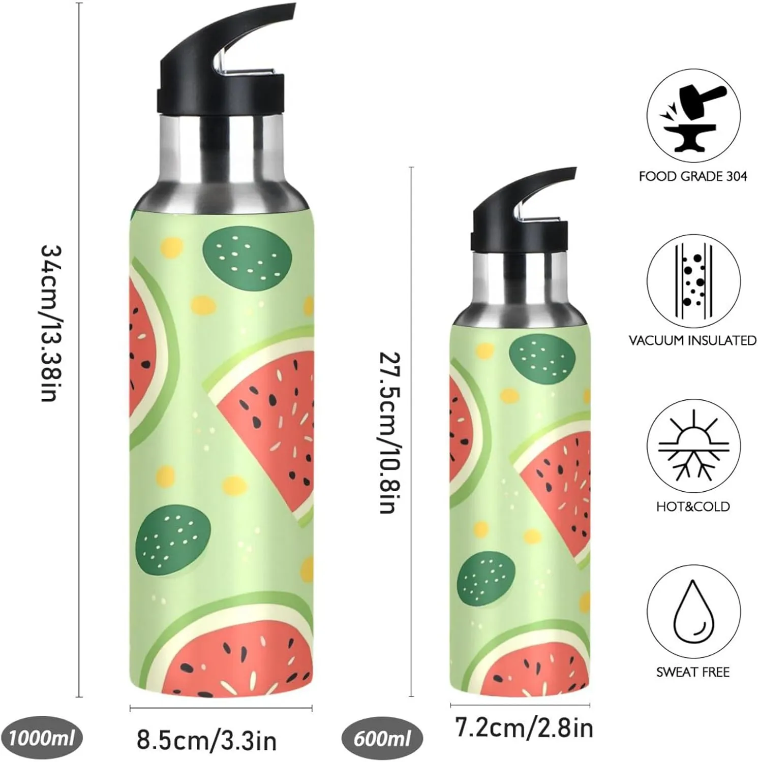Repeating Pattern Watermelon Sport Water Bottle Insulated Stainless Steel Large Vacuum Flask Leak Proof Thermos with Straw for Travel(600ml/1000ml)