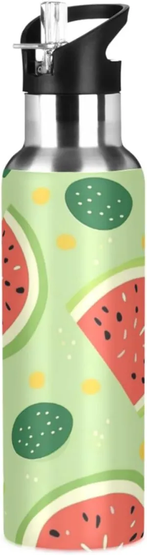 Repeating Pattern Watermelon Sport Water Bottle Insulated Stainless Steel Large Vacuum Flask Leak Proof Thermos with Straw for Travel(600ml/1000ml)