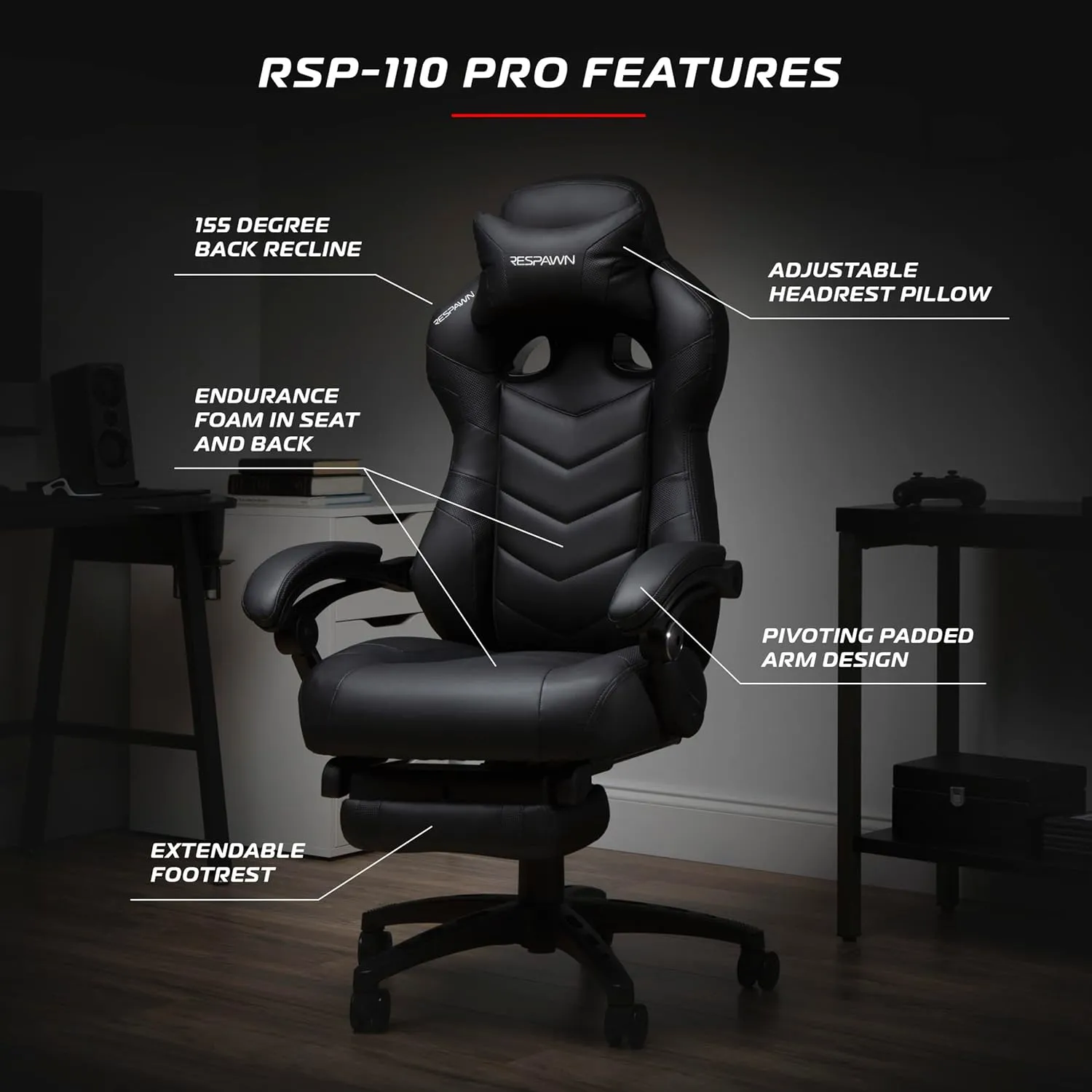 RESPAWN 110 Pro Gaming Chair - Gaming Chair with Footrest, Reclining Gaming Chair, Video Gaming Computer Desk Chair, Adjustable Desk Chair, Gaming Chairs For Adults With Headrest Pillow - Black