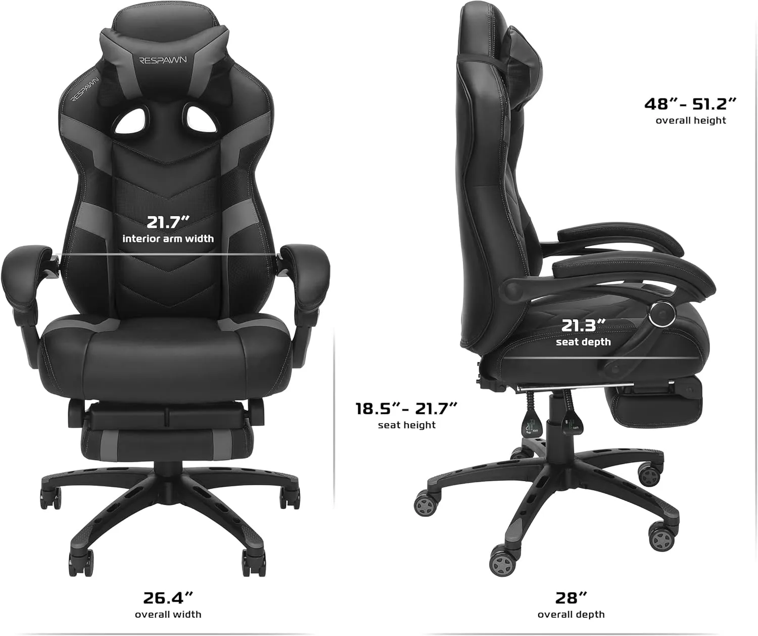 RESPAWN 110 Pro Gaming Chair - Gaming Chair with Footrest, Reclining Gaming Chair, Video Gaming Computer Desk Chair, Adjustable Desk Chair, Gaming Chairs For Adults With Headrest Pillow - Grey