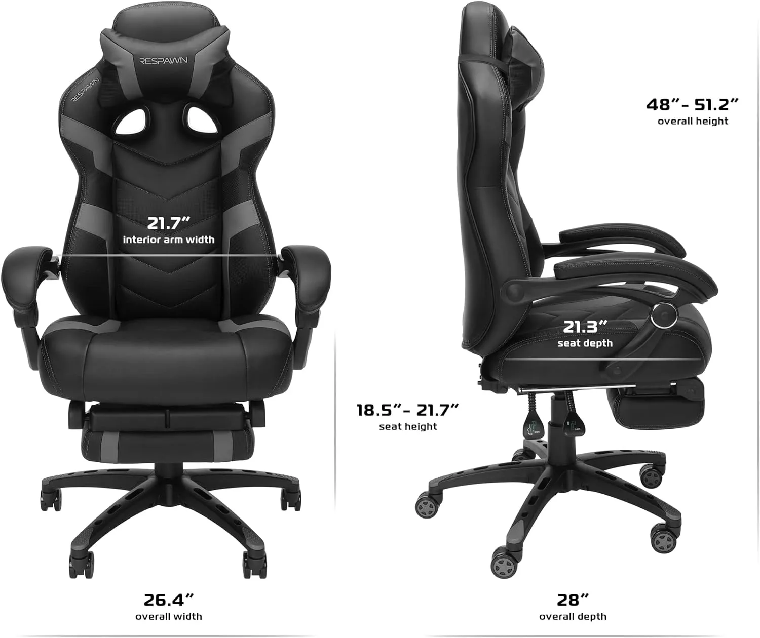 RESPAWN 110 Pro Gaming Chair - Gaming Chair with Footrest, Reclining Gaming Chair, Video Gaming Computer Desk Chair, Adjustable Desk Chair, Gaming Chairs For Adults With Headrest Pillow - Grey