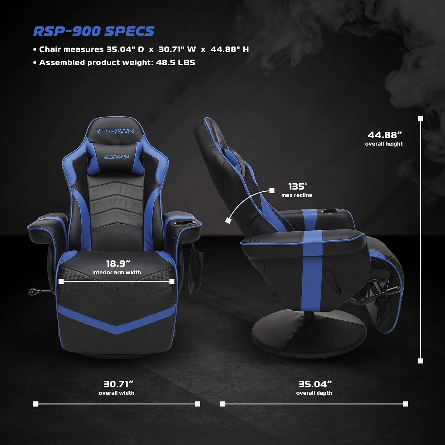 RESPAWN 900 Gaming Recliner - Video Games Console Recliner Chair, Computer Recliner, Adjustable Leg Rest and Recline, Recliner with Cupholder, Reclining Gaming Chair with Footrest - Blue