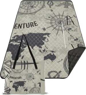 Retro Earth Compass Picnic Blankets Foldable Beach Quilted Mat Tote Bag - 60x80 inch