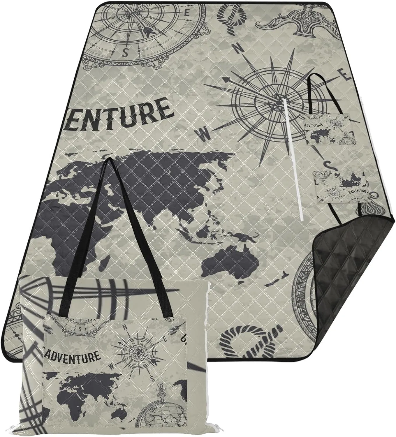 Retro Earth Compass Picnic Blankets Foldable Beach Quilted Mat Tote Bag - 60x80 inch