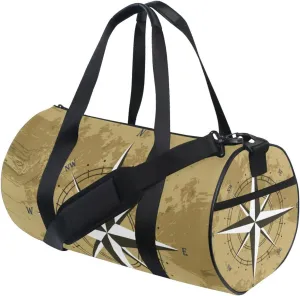 Retro Vintage Wind Rose Compass on Old Paper Background Duffel Bag, Foldable Canvas Travel Tote for Gym Sports with Inner Pockets, Durable Lightweight Fitness Bag for Overnight Workout