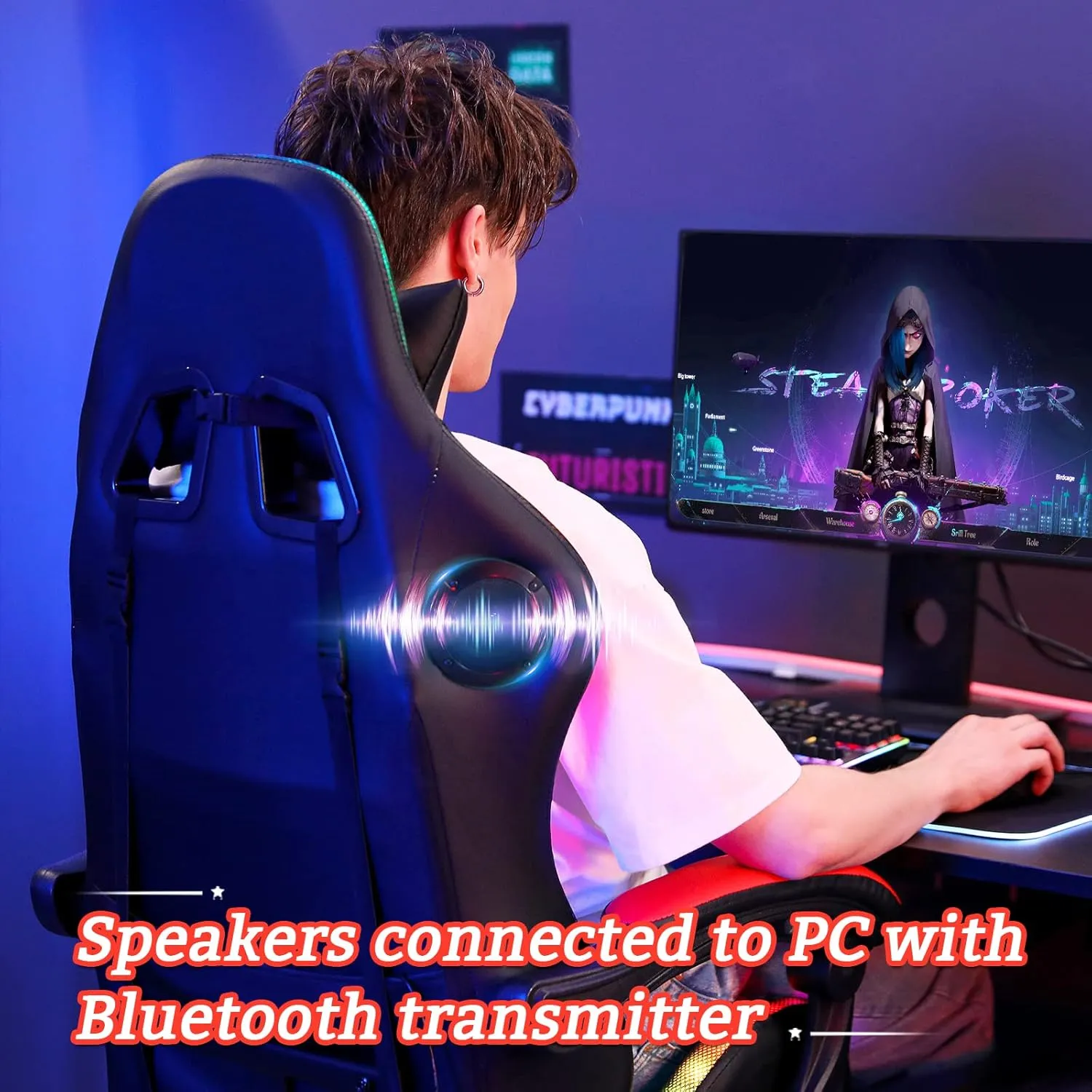 RGB Gaming Chair with Bluetooth Speakers and LED Lights Ergonomic Massage Computer Game Chair with Footrest High Back Music Video Game Chair with Lumbar Support Red and Black