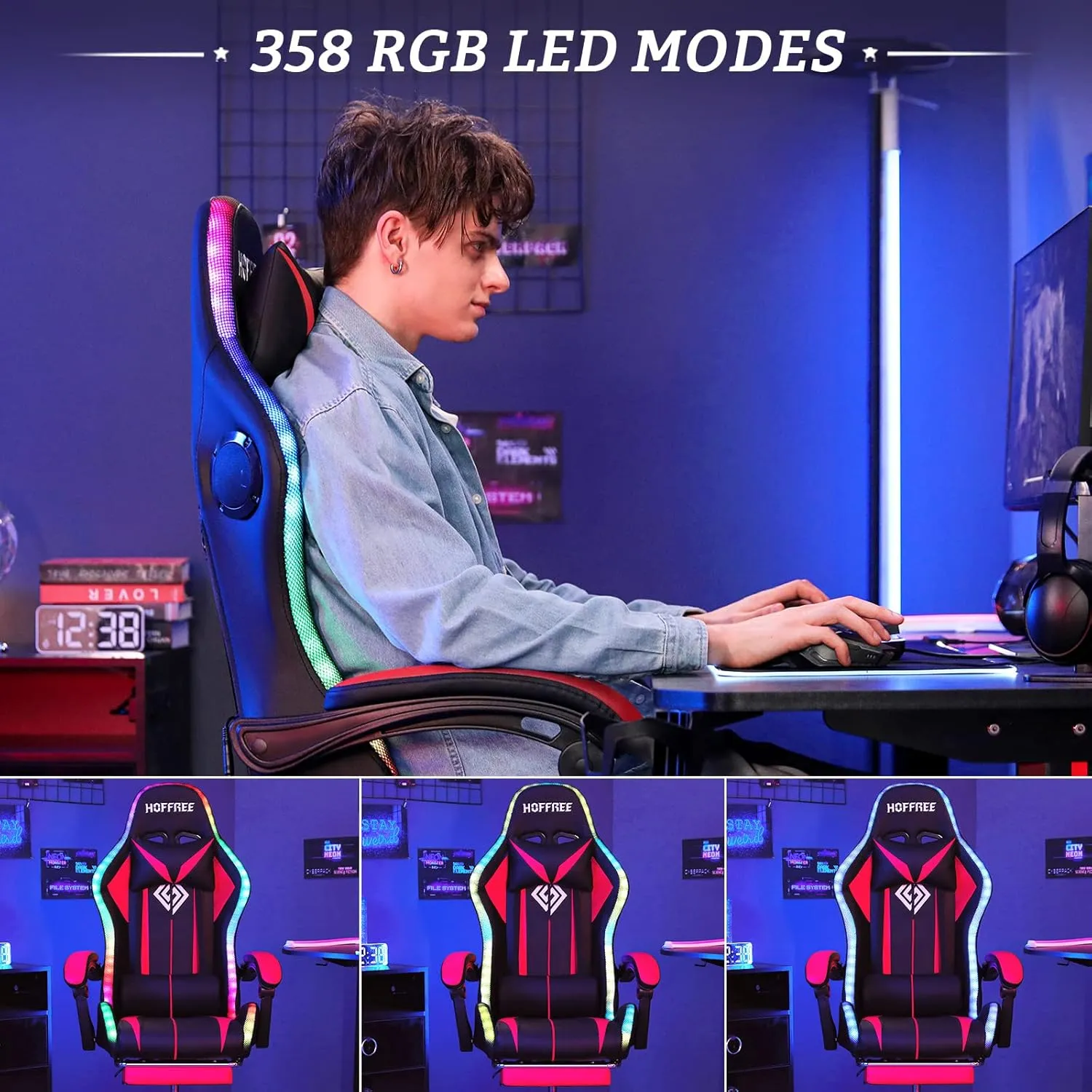 RGB Gaming Chair with Bluetooth Speakers and LED Lights Ergonomic Massage Computer Game Chair with Footrest High Back Music Video Game Chair with Lumbar Support Red and Black