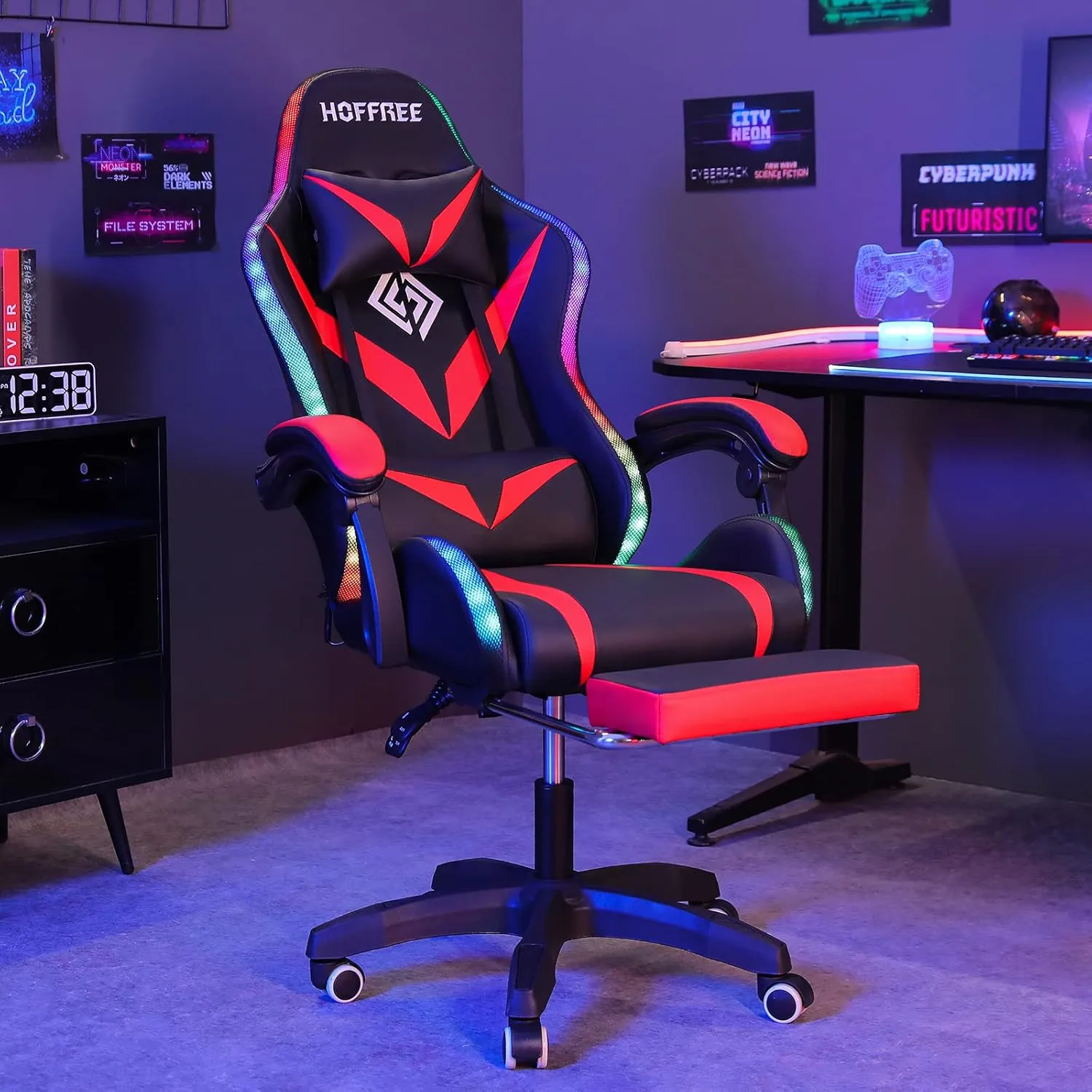 RGB Gaming Chair with Bluetooth Speakers and LED Lights Ergonomic Massage Computer Game Chair with Footrest High Back Music Video Game Chair with Lumbar Support Red and Black
