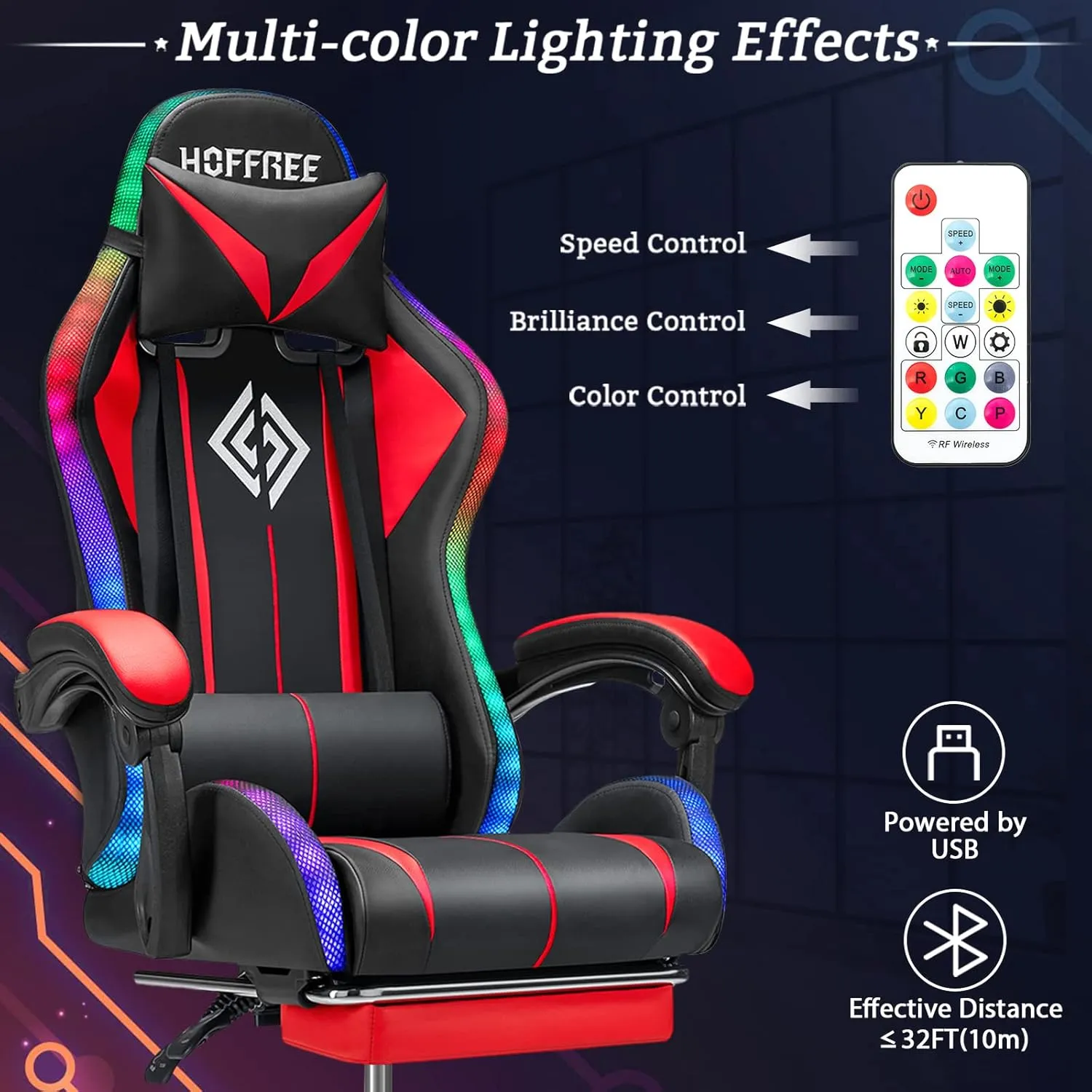 RGB Gaming Chair with Bluetooth Speakers and LED Lights Ergonomic Massage Computer Game Chair with Footrest High Back Music Video Game Chair with Lumbar Support Red and Black